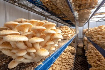 A rack of mushrooms is displayed in a store. The mushrooms are white and have a slightly fuzzy appearance