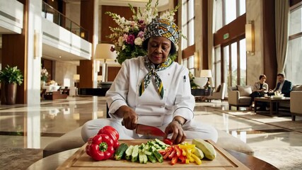 Experienced culinary professional meticulously prepares a vibrant assortment of fresh vegetables, showcasing artistry and dedication in the sophisticated setting of a luxury hotel lobby