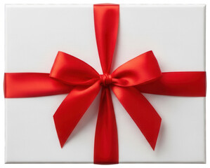 White gift box tied with bright red satin ribbon and a large bow