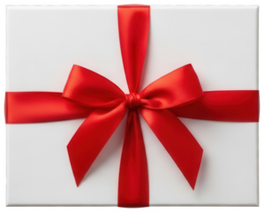 White gift box tied with bright red satin ribbon and a large bow