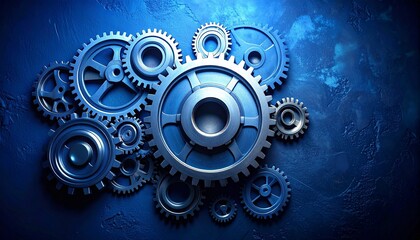 Brass interlocking gears on matte blue background