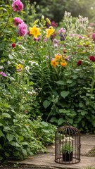 Fototapeta premium Colorful Garden with Flower Cage Flowers Nature Outdoor. Concept featuring garden, flowers, cage, nature, outdoor.