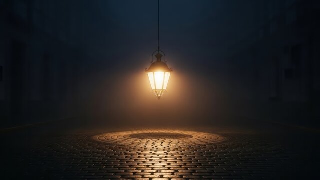 Mysterious Lantern in Foggy Street Cobblestone Mystical Night. Concept featuring lantern, fog, street, cobblestone, mystical.