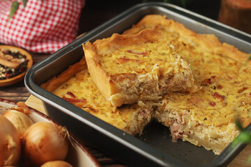 Zwiebelkuchen, a pie with onion and bacon, traditional German dish	