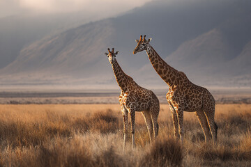 Obraz premium Two giraffes standing in dry grassland with mountain backdrop during golden hour, showcasing their tall necks and patterned fur in serene wildlife reserve setting