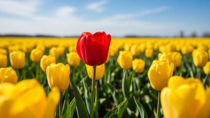 Fototapeta premium Vibrant Red Tulip Among Yellow Flowers Yellow Tulips Field Nature. Concept featuring tulip, flowers, red tulip, yellow tulips, field.