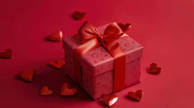 Red gift box with satin bow and ribbon surrounded by scattered paper heart shapes, romantic warm