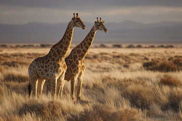 Obraz premium Two giraffe standing in dry savanna field with golden light and distant mountains, showcasing natural wildlife beauty and peaceful animal behavior in open grassland habitat
