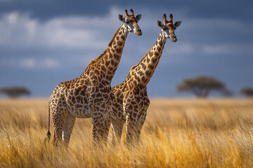 Obraz premium Two giraffes standing in golden savanna grass under dramatic cloudy blue sky, showcasing their tall necks and patterned fur in natural wildlife setting
