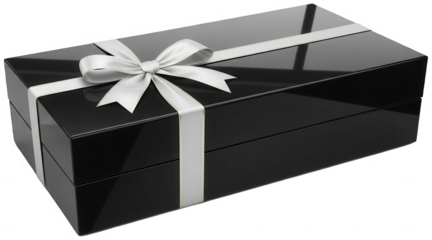 Black rectangular gift box with white ribbon and bow on transparent background