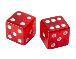Two Red Casino Dice Showing One Pip Each, Perspective Top View, isolated on transparent background