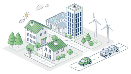 Obraz premium Eco friendly neighborhood with green buildings and renewable energy sources