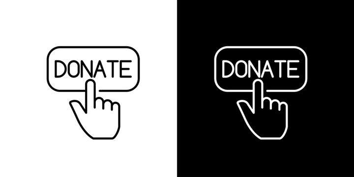 Clickable donate button icon with a hand cursor on white and black backgrounds, signifying online giving and support