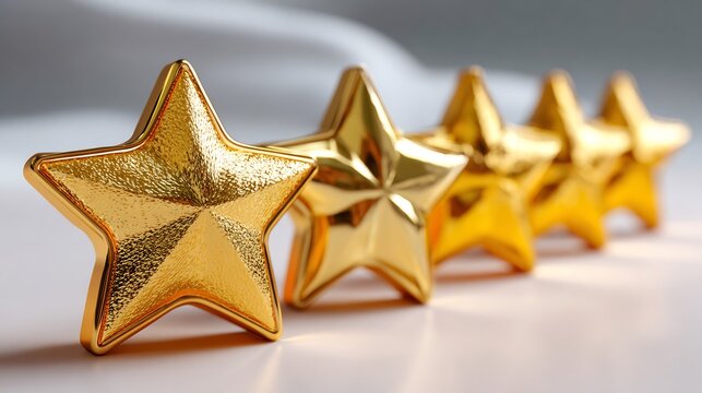 A row of five identical golden metallic stars is positioned diagonally on a light textured surface, representing high quality, excellent service, and customer satisfaction.