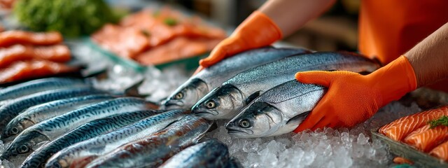 A person is holding a fish in a market. The fish is blue and is surrounded by other fish