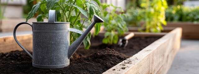 A metal watering can sits in a garden bed, next to a spade. The spade is resting on the ground, and the watering can is filled with water. The garden bed is filled with soil and plants