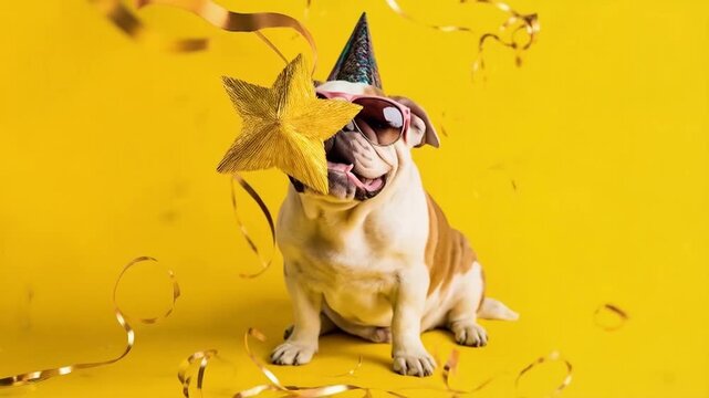 Festive Bulldog with Party Hat and Glasses. A cheerful bulldog wearing a colorful party hat and bright blue glasses, tongue out in joyful expression. 