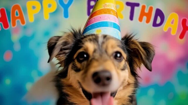 Festive Bulldog with Party Hat and Glasses. A cheerful bulldog wearing a colorful party hat and bright blue glasses, tongue out in joyful expression. 