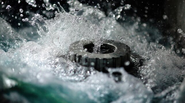 Closeup medium shot of ultrasonic cleaning equipment in action showcasing bubbling water and vigorous cleaning cycles on delicate mechanical parts.