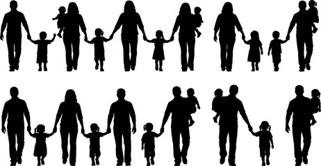 Set of silhouettes representing diverse single parents with children walking and holding hands isolated on white background for family concepts