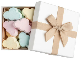 Box of pastel cloud marshmallows tied with brown ribbon, white box lid
