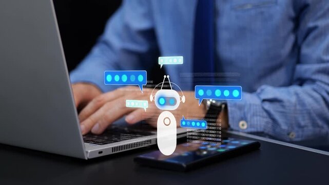 Businessman Typing On Laptop Using Artificial Intelligence (AI) Chatbot - Virtual Assistant Technology. - closeup shot