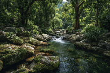 Obraz premium Untouched tropical jungle with flowing stream surrounded by lush green trees and moss covered rocks creating peaceful natural ecosystem full of vibrant life and serenity