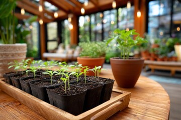 A table with several potted plants and seedlings. The plants are arranged in small pots and are placed on a wooden table. Scene is calm and peaceful, as the plants are well-tended and arranged neatly