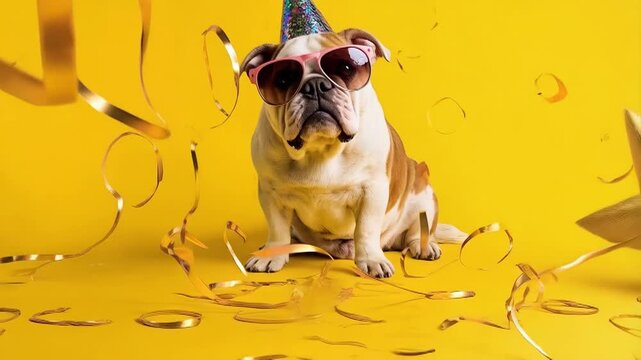 Festive Bulldog with Party Hat and Glasses. A cheerful bulldog wearing a colorful party hat and bright blue glasses, tongue out in joyful expression. 