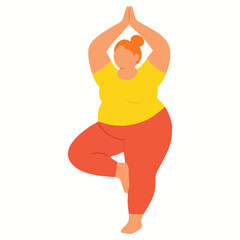 Minimal Flat Vector Illustration of a Happy Plus Size Woman Practicing Yoga, Body Positivity Self Care and Confidence Concept  stigma on White Background