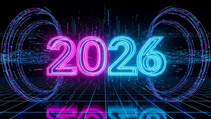 2026 New Year Celebration with Neon Glow, Digital Grid and Futuristic Energy