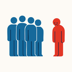 Minimal Flat Vector Illustration of Social Exclusion and Discrimination, Red Figure Isolated from a Blue Group, Corporate Bullying and Stigma Concept