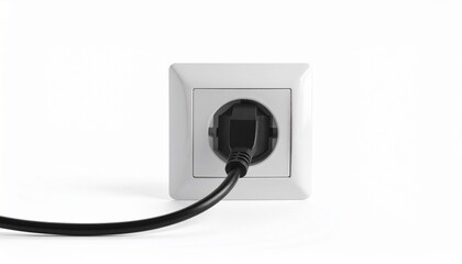 European-style electrical wall socket with black Type F plug inserted into white wall plate