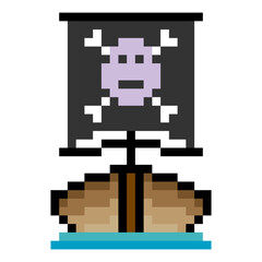 Front view of a pirate ship with pixel art