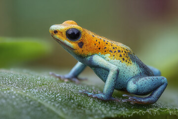 Vivid poison frog perched on green leaf with detailed skin texture and bright orange and blue colors in natural environment