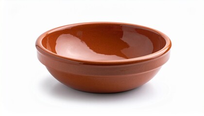 Empty reddish-brown ceramic bowl with glossy finish on plain white background