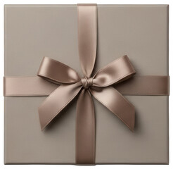 Square beige gift box wrapped with elegant taupe satin ribbon and bow