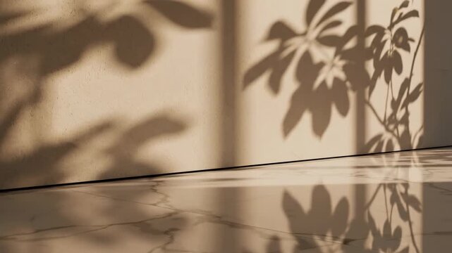 Soft diffused foliage shadow subtly drifts across a smooth beige architectural wall and polished white marble floor in cinematic slow motion wall texture, clean, bright
