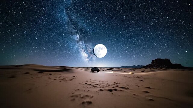 A lone vehicle drives through a vast desert landscape under a spectacular starry night sky with a large moon