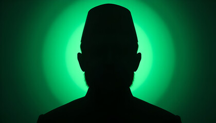 Silhouette of a Man Wearing a Traditional Hat Against a Vibrant Green Circular Light Backdrop