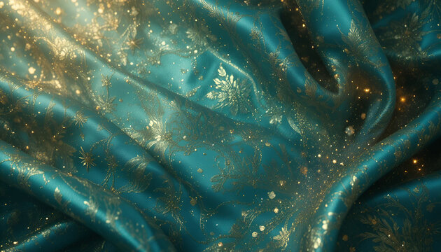 Luxurious Teal Silk Fabric with Intricate Gold Floral Patterns and Shimmering Particles Background - Powered by Adobe
