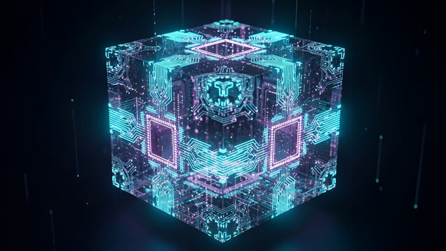 Abstract glowing holographic cube displays intricate cyan and magenta circuit board patterns symbolizing decentralized technology and digital security in dark space