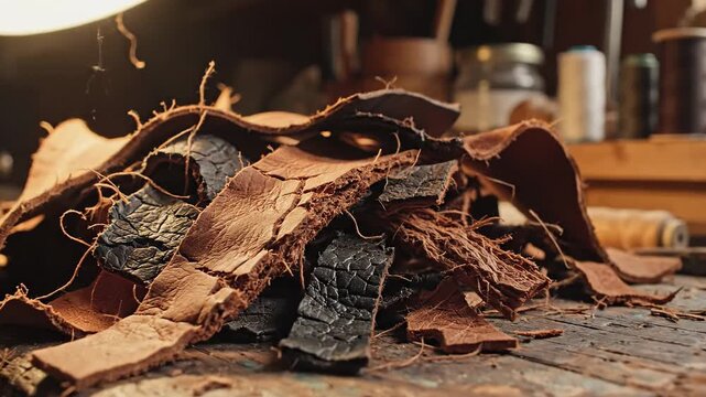 A pile of worn, cracked leather scraps with frayed edges and a dark, charred appearance rests on a rustic wooden workshop bench.