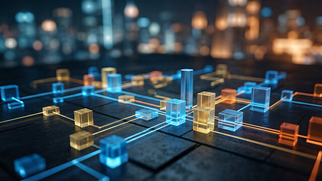 Glowing blue and orange cubes connected by light lines on dark surface with bokeh city lights