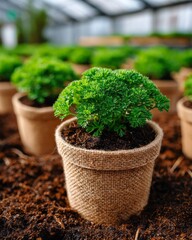 A small plant is in a brown pot with a brown cloth. The plant is green and is surrounded by dirt