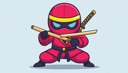 Cartoon Red Ninja Ready for Action with Bamboo Sticks.