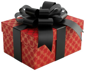 Vibrant red gift box featuring an intricate golden pattern, beautifully wrapped with a striking black bow