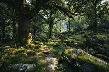 Obraz premium Ancient forest landscape with moss covered rocks and trees, sunlit greenery creating peaceful and enchanting atmosphere in wild natural setting