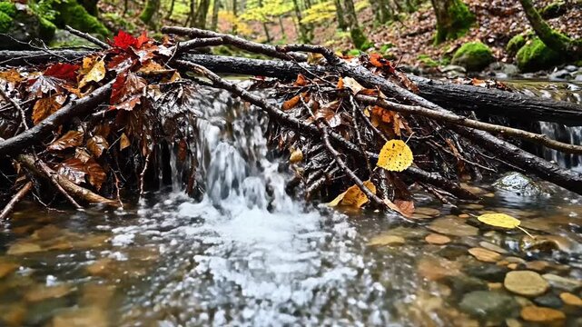 A Natural Dam of Tangled Branches and Fallen Autumn Leaves Forms a Small Waterfall in a Lush Forest Stream