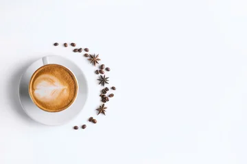 Fototapete Cafe Coffee and grains of coffee on a white background. cappuccino coffee  © vigenmnoyan